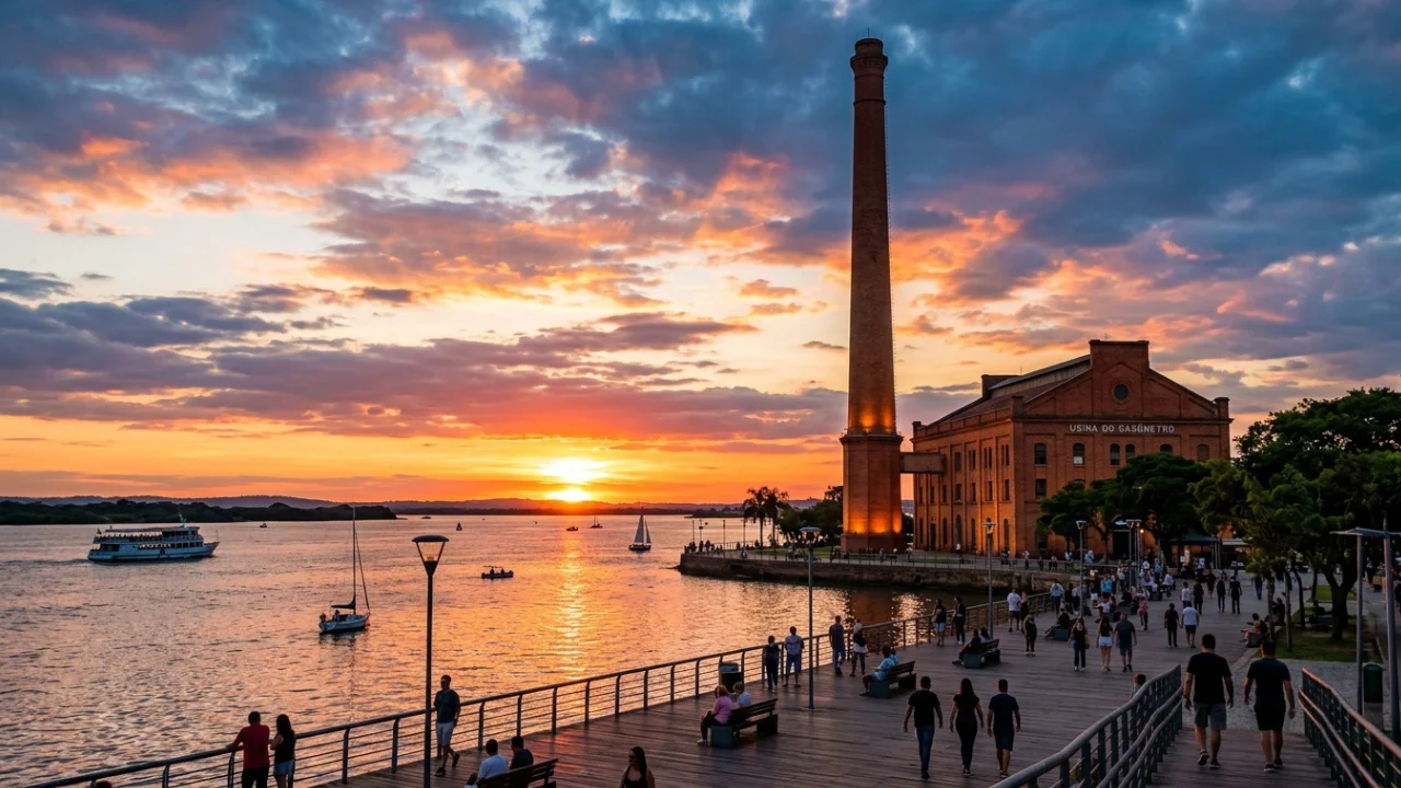 Usina do Gasômetro ao pôr do sol, em Porto Alegre